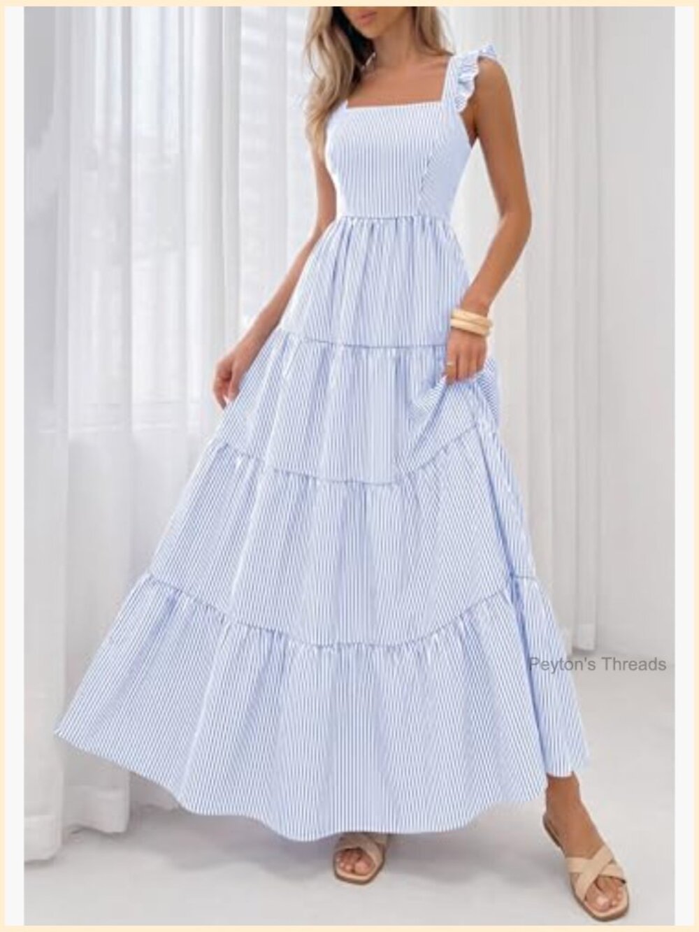 Women's Striped Square Neck Sleeveless Maxi Dress with Pockets - Picture 6 of 7